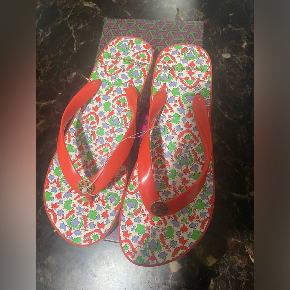 Tory Burch flip flops wedge orange with leaf print size 6